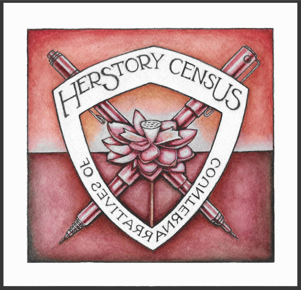 HerStory Census of Counternarratives. Drawing of a shield with a lotus flower in the center and two crossed pens